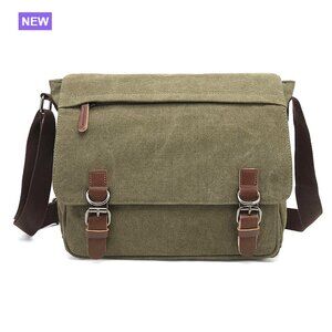 Canvas Messenger Bag with PU Leather, Adjustable Strap, Fits 15.6 Inch Laptop